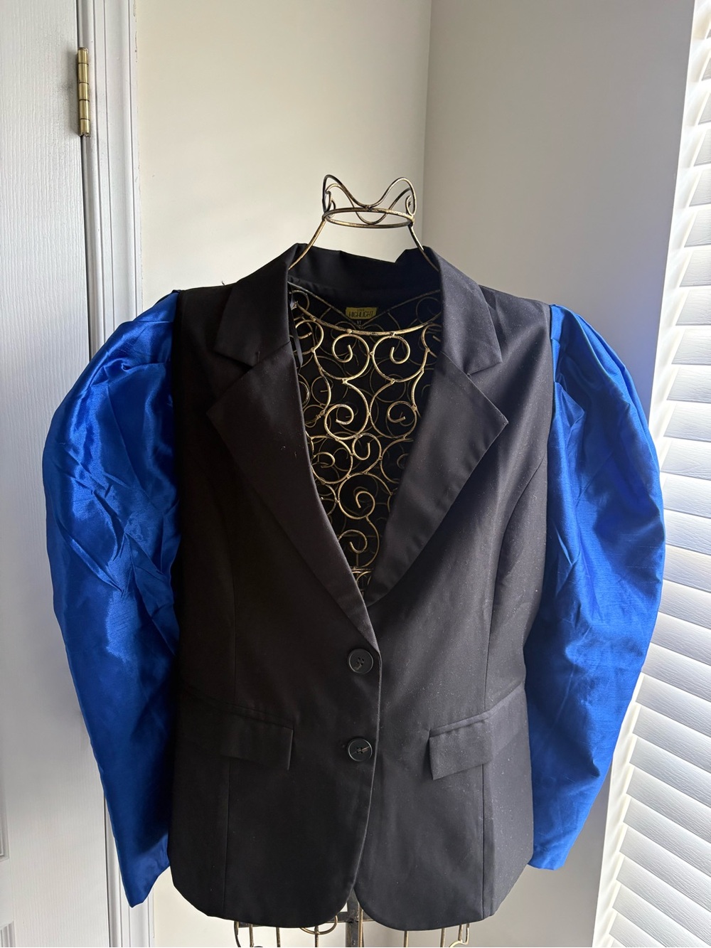 Black Tailored Blazer with Royal Blue Puff Sleeves